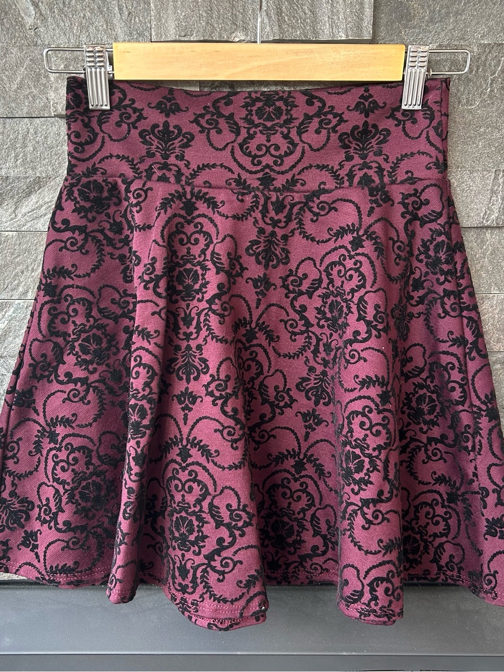 Kirra Burgundy Mini Skater Skirt w/ Black Velvet Damask Pattern